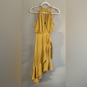 Express gold satin sleeveless asymmetrical hem wrap dress size XS